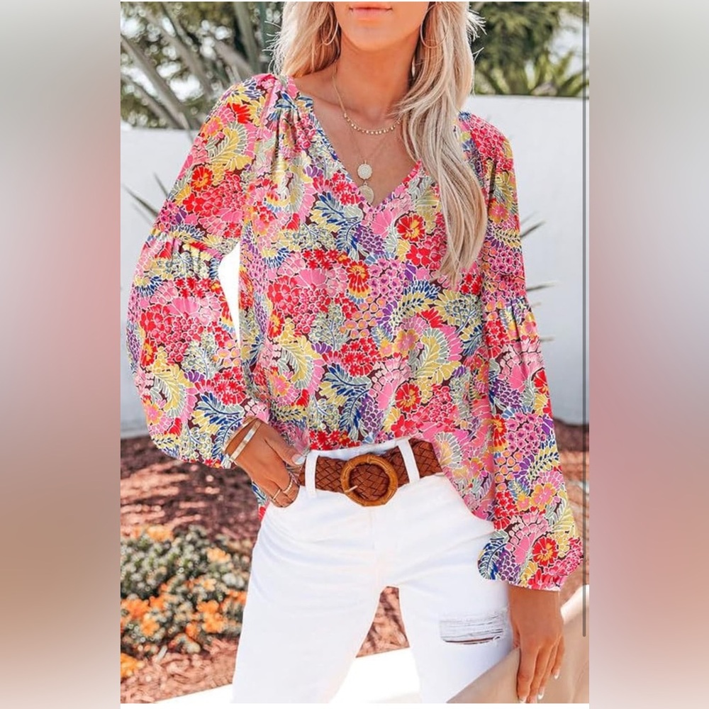 Floral V-Neck Blouse - Pink, Red, Yellow